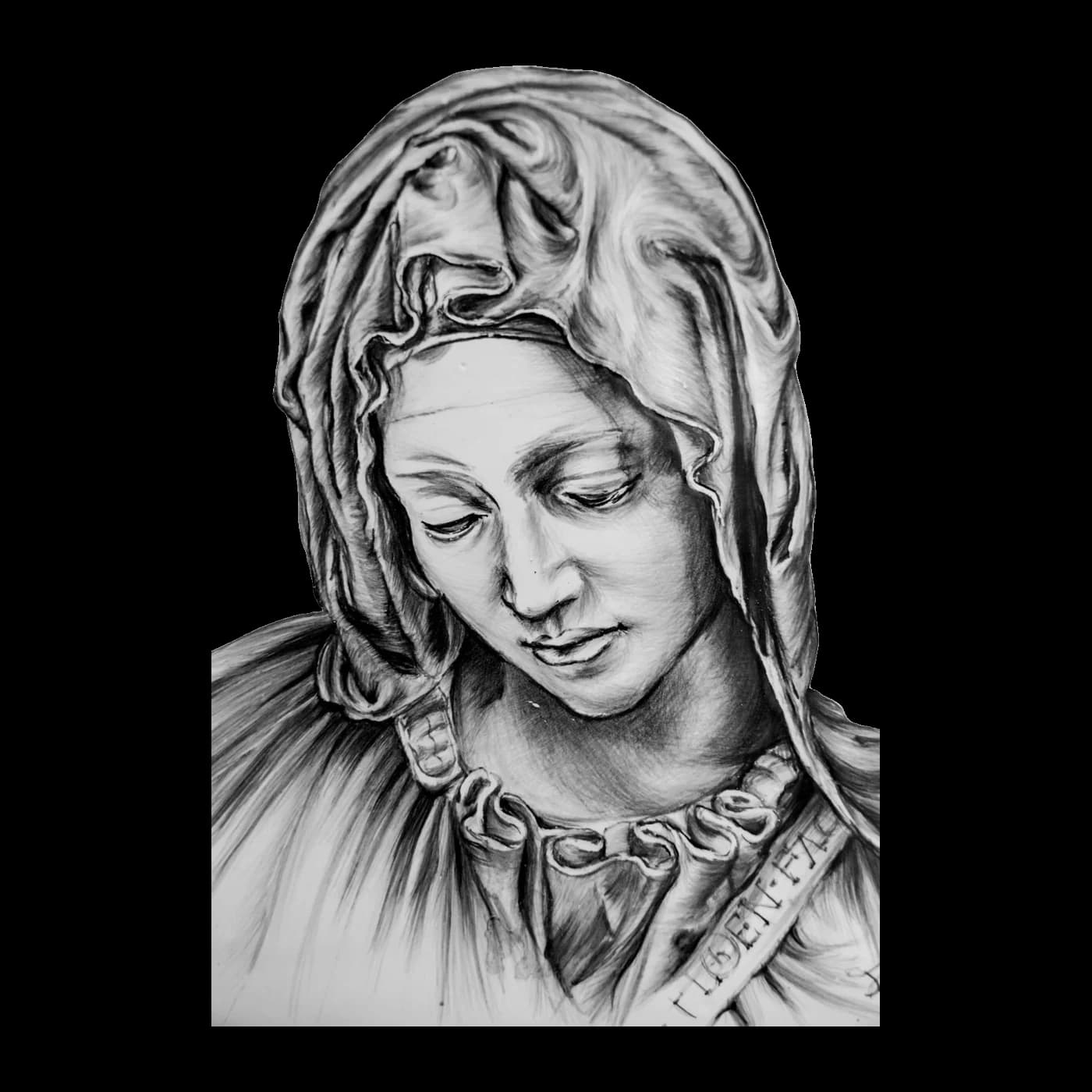Volto di una Madonna dipinto in monocromo su ceramica: il capo velato, lo sguardo abbassato, il panneggio costruito a tratteggio fittissimo.