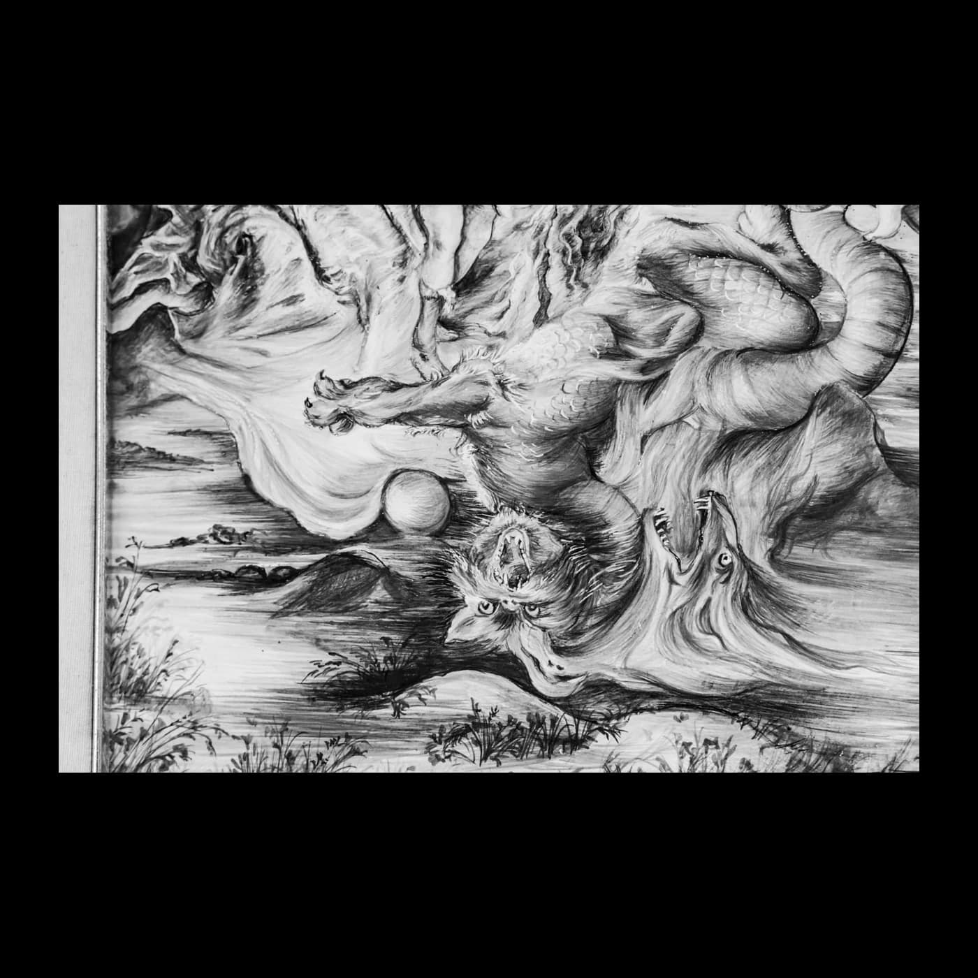 Lo stesso soggetto allegorico dipinto in monocromo su un pannello di piastrelle in ceramica.