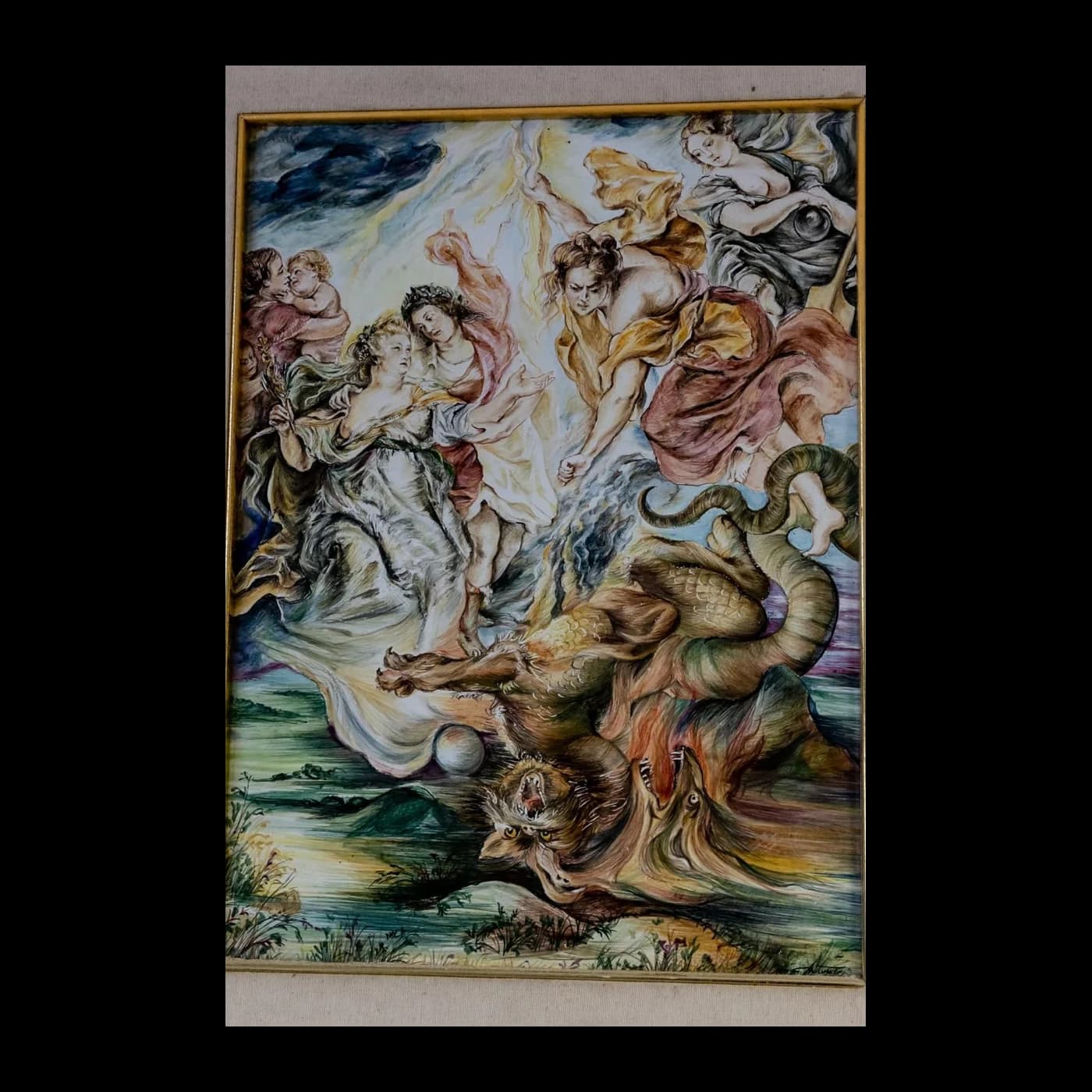 Grande pannello in ceramica policroma incorniciato: figure allegoriche in volo sopra un paesaggio d'acqua, panneggi rossi, azzurri e dorati.