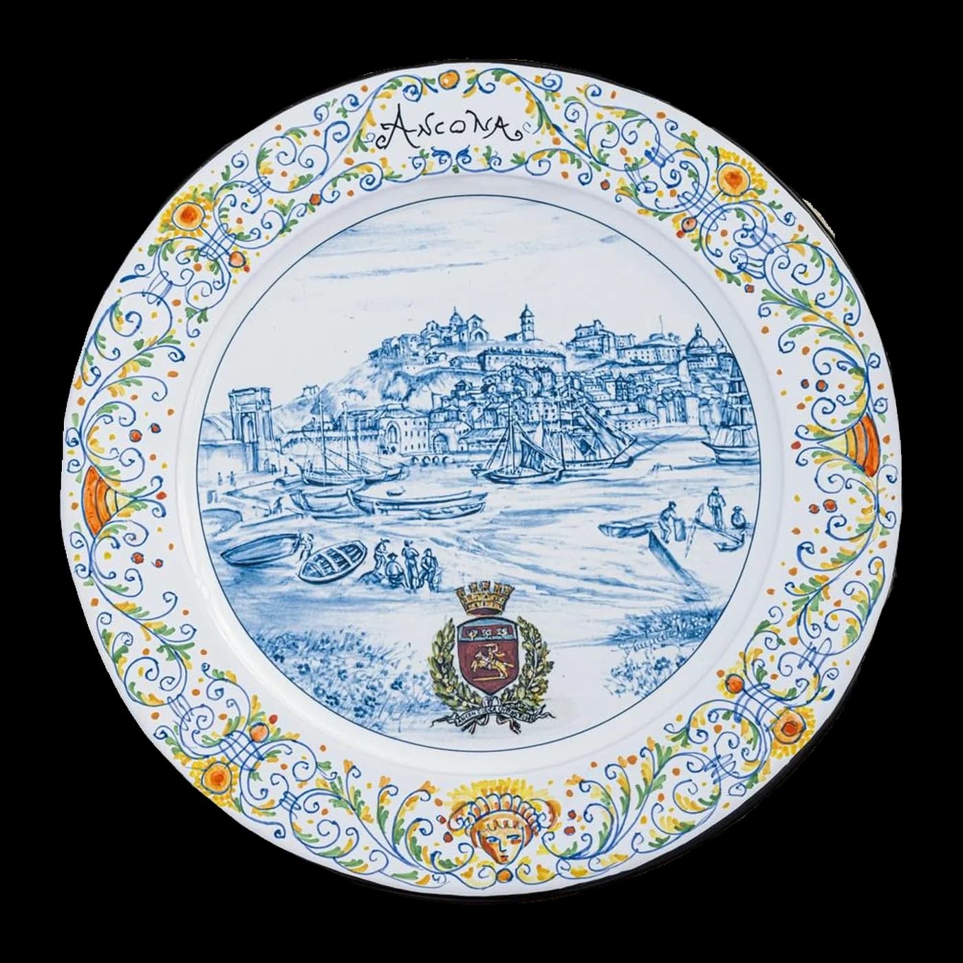 Maiolica plate dedicated to Ancona, with the Passetto, the cathedral of San Ciriaco and the city arms inside a scrolled border.
