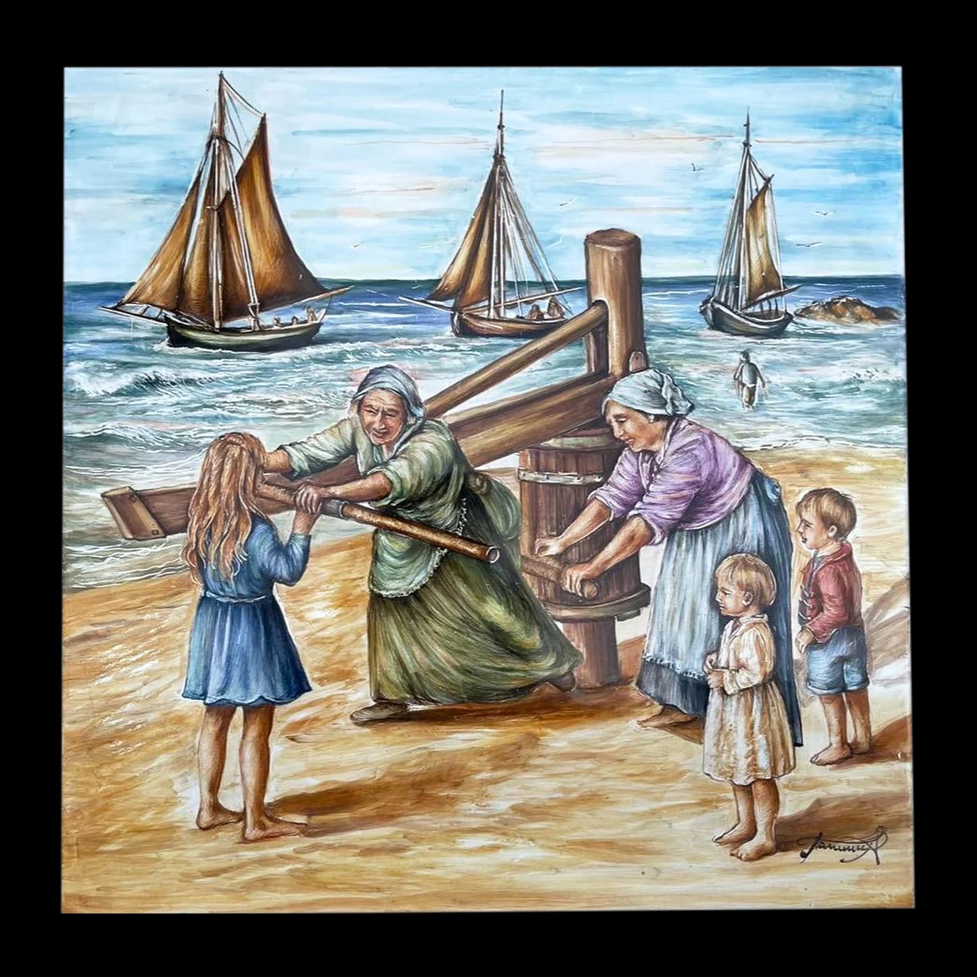 Hand-painted maiolica: two women and three children work the capstan on the beach while three sailing boats come back from the sea.