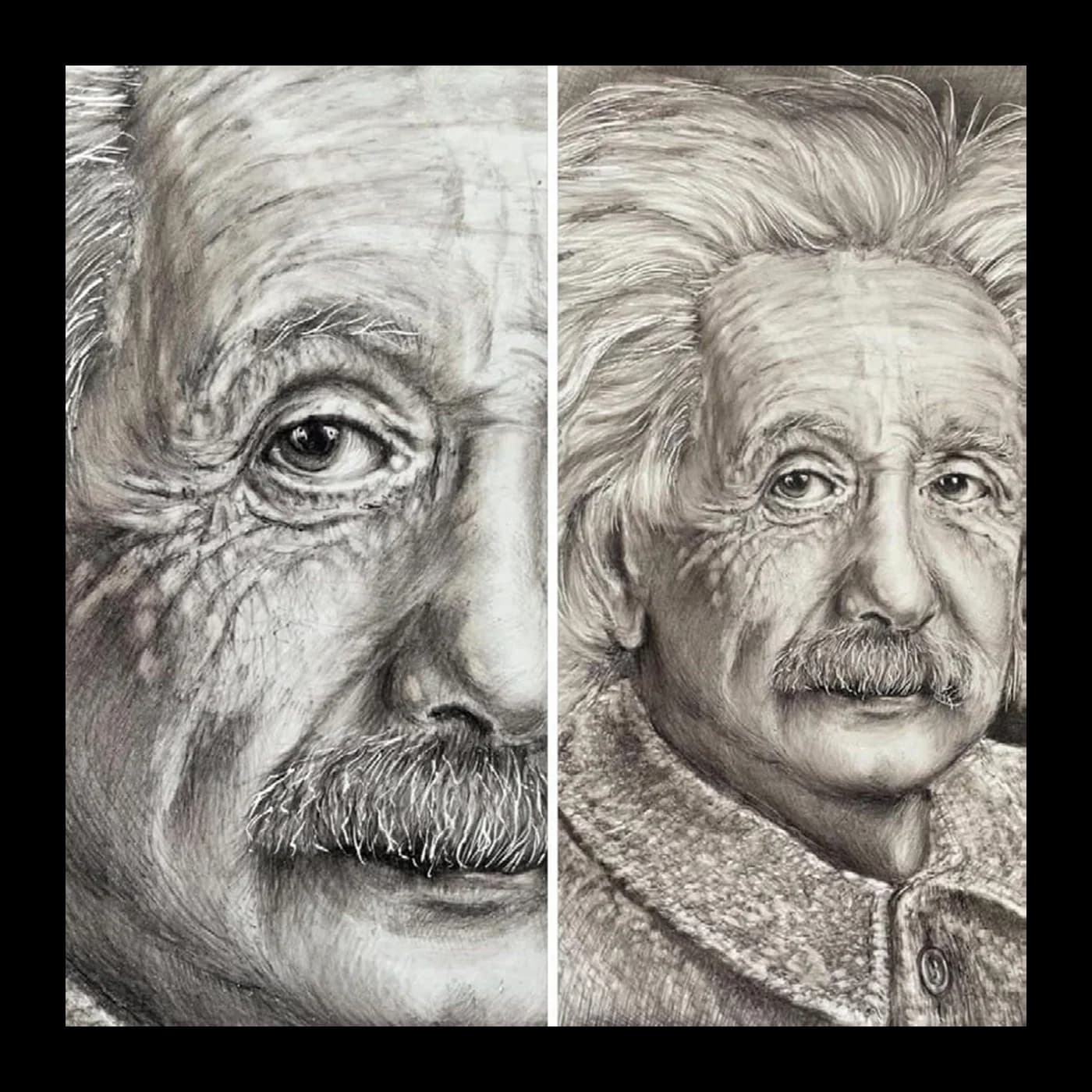 Portrait of Albert Einstein on maiolica, in two details side by side: the eye and the moustache on the left, the whole face on the right.
