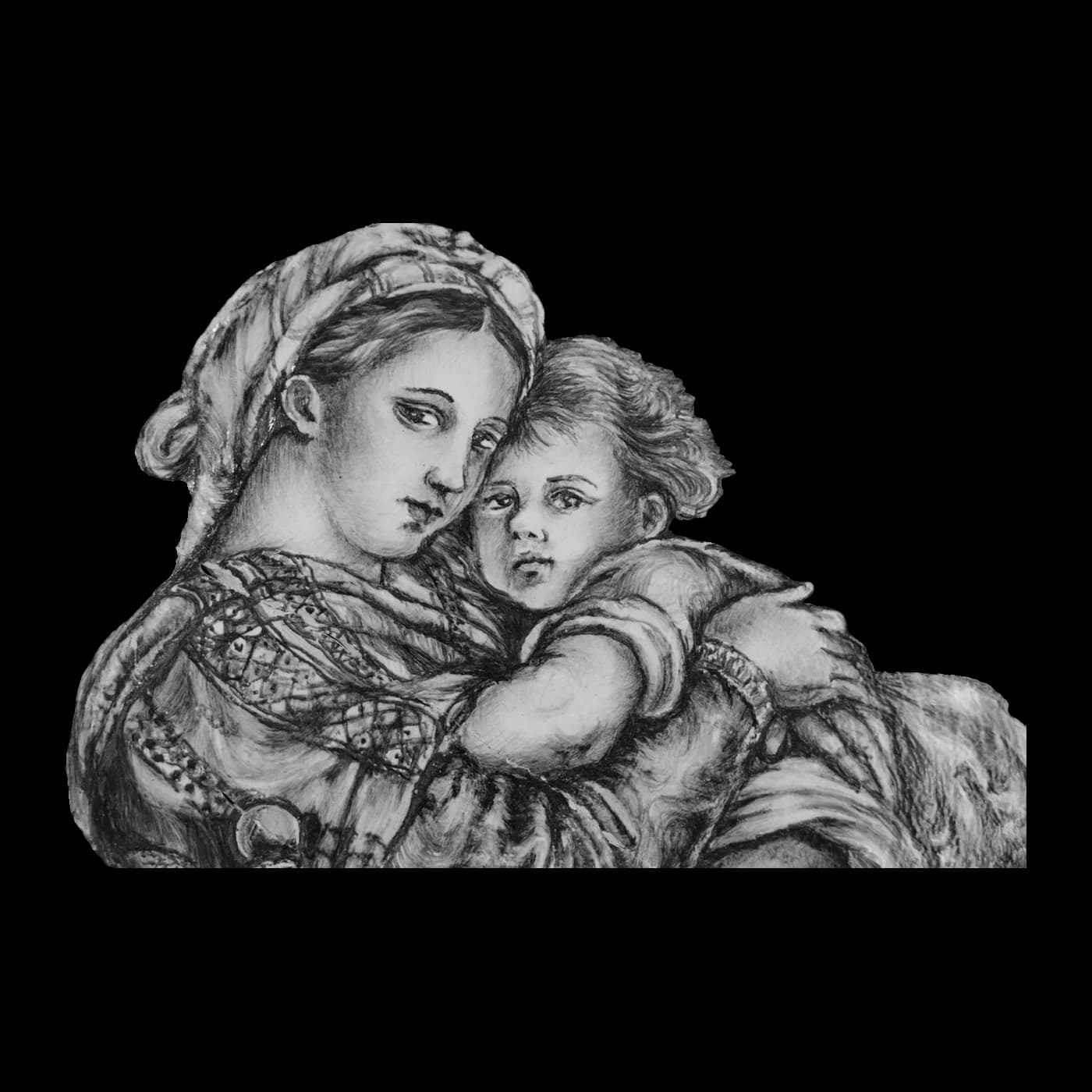 Madonna col Bambino dipinta in monocromo su ceramica, di ispirazione rinascimentale, con il manto ricamato e il bambino stretto al petto.