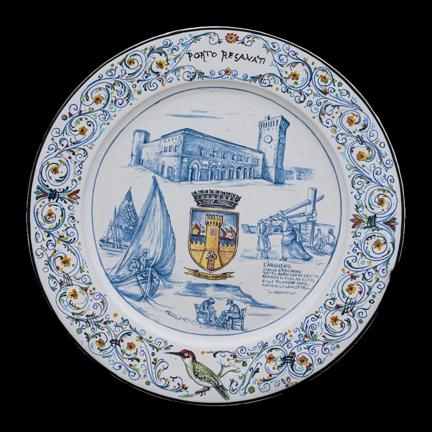 Maiolica plate dedicated to Porto Recanati, with the Swabian castle, the sails and the city arms.